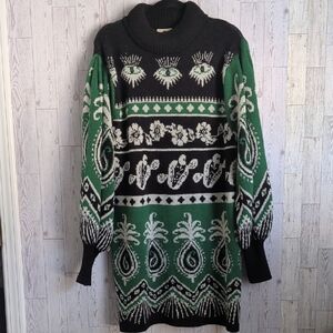 FARM Rio Black and Green Mystic Scarf Sweater Dress